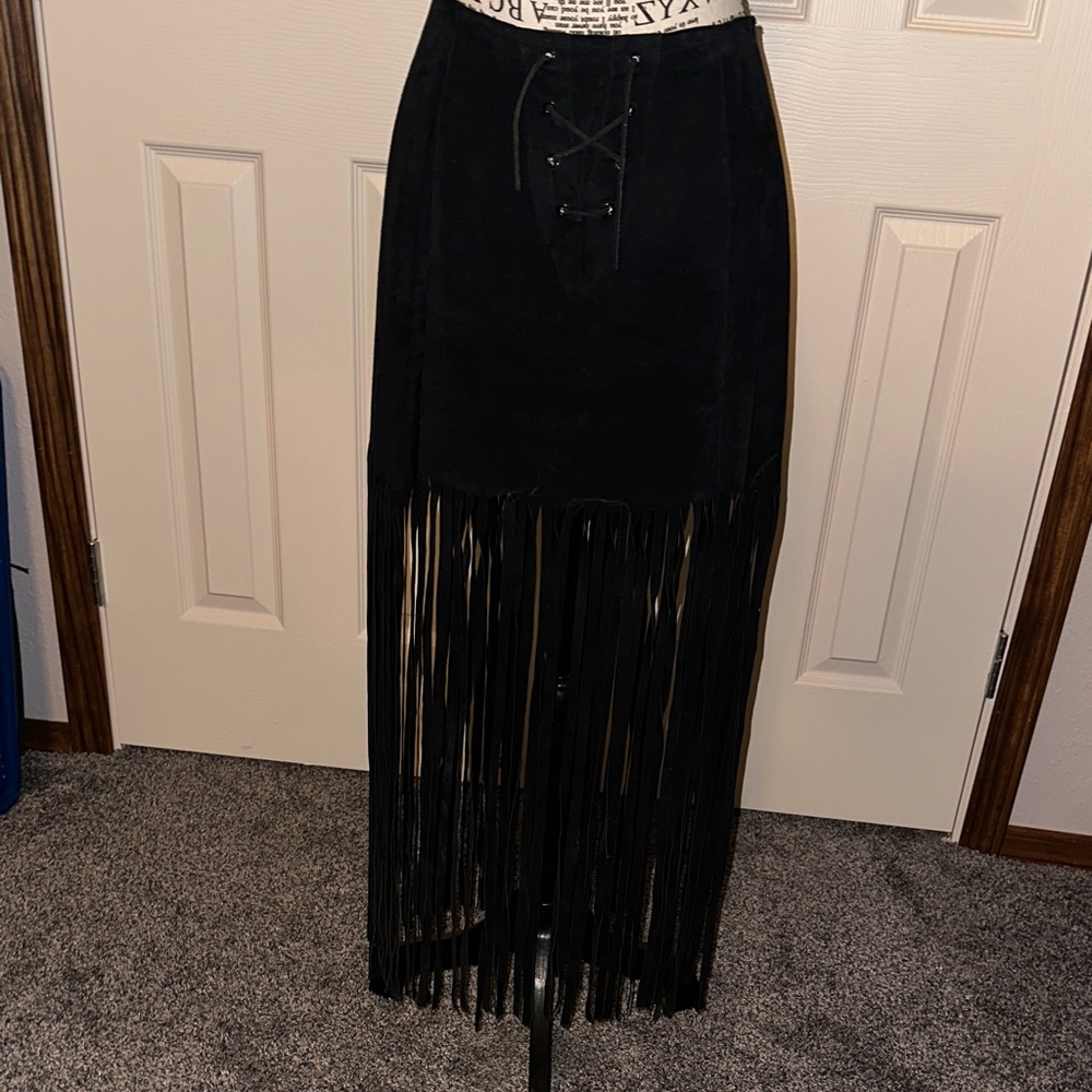 Chic Vintage Black Suede Fringe Maxi Skirt